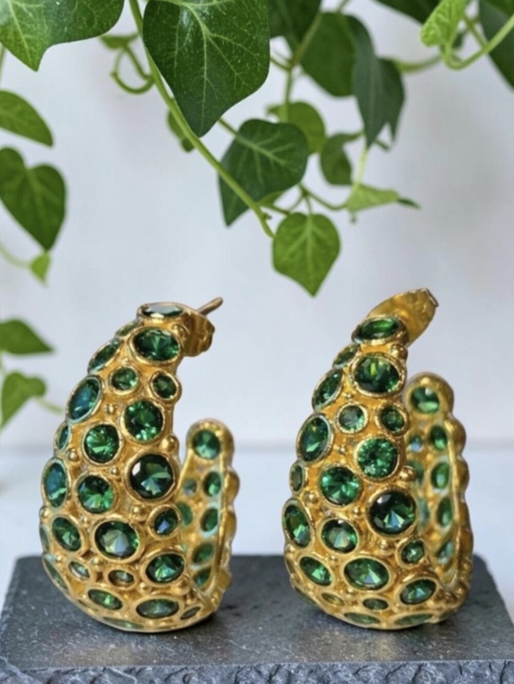 18k Gold Plated Turkish Artisan Emerald Crystal Hoop Earrings